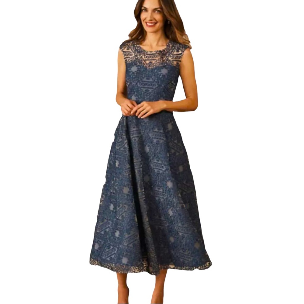 New Sara Emanuel x BHLDN Presley 0 & 4 Blue Textured Midi Cocktail Dress